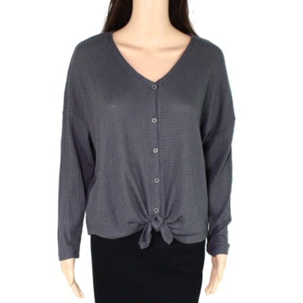 Style & Co Petite Grey Button-Front Thermal Top